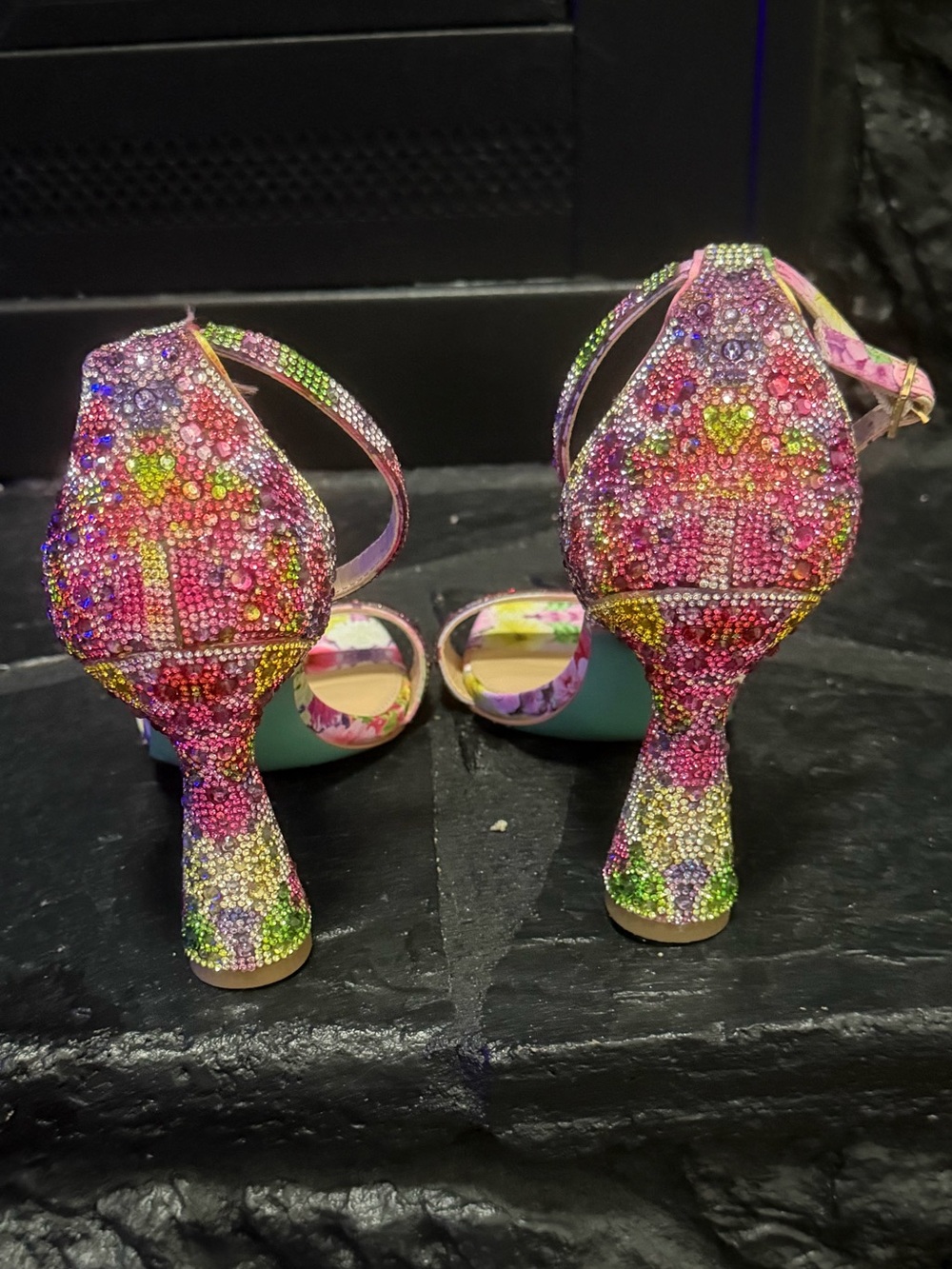 Betsey Johnson Pink Multicolor Crystal Floral Block Heels - Picture 5 of 6